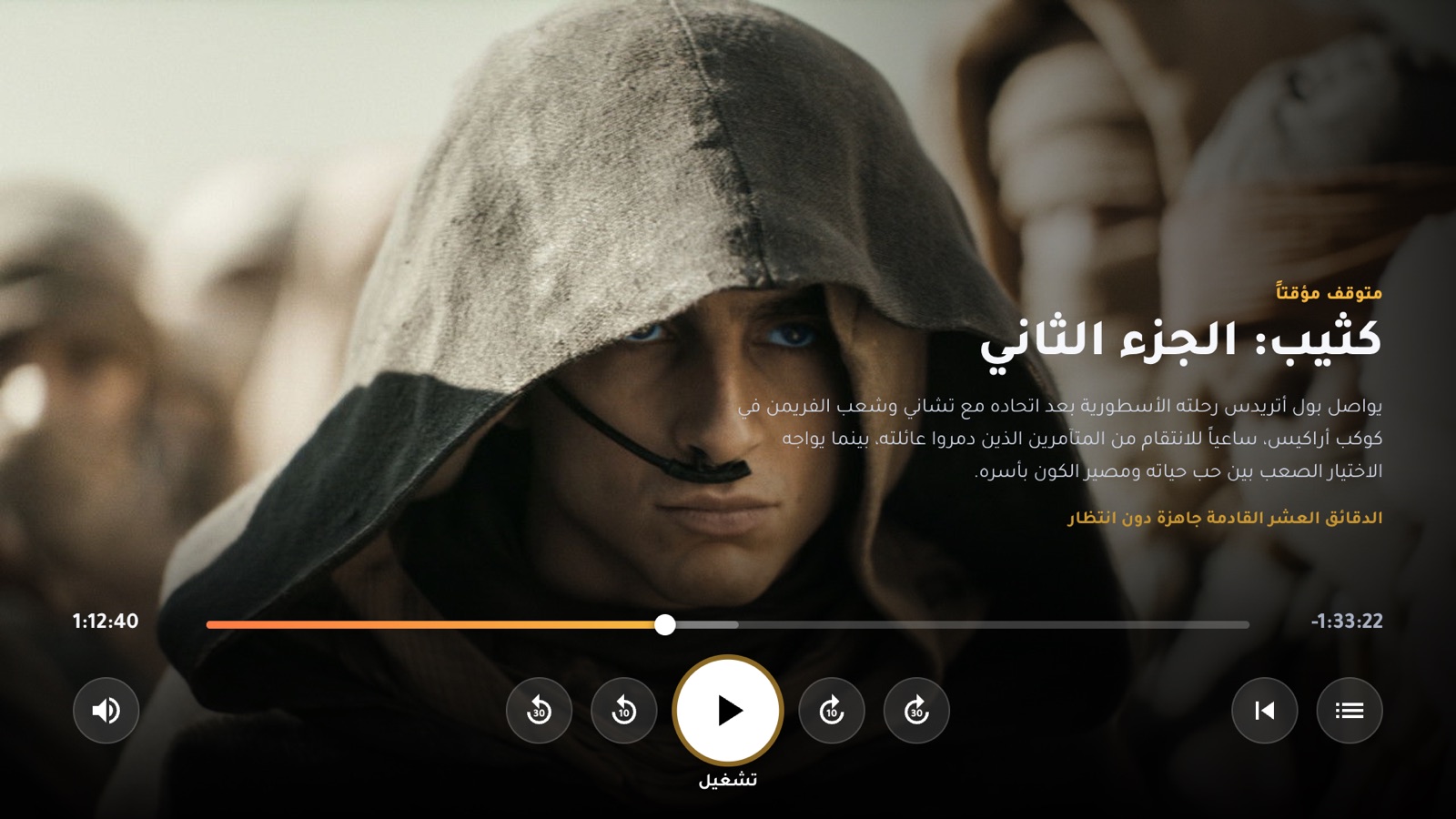 المشغّل متوقف مؤقتاً مع اسم الفيلم ونبذته وأزرار التحكم